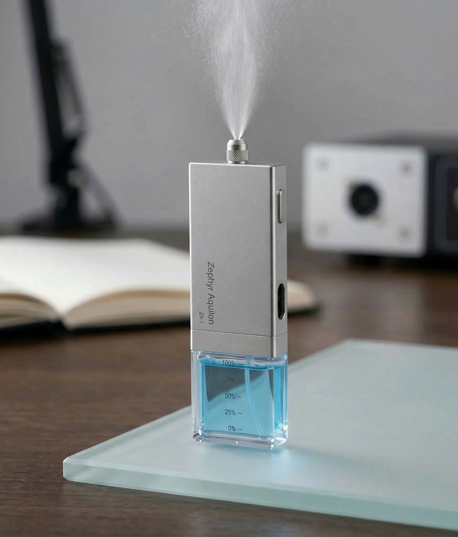 Render of the Zephyr Aquilon device: a finger-sized inhaler with a snap-in liquid drug cartridge.